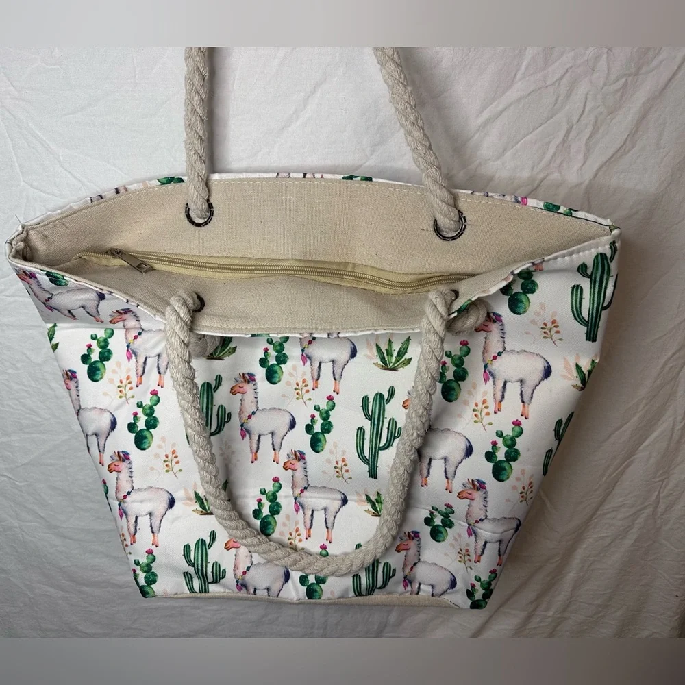 Llama & Cactus Canvas Tote Bag | Rope Handles | Boho Beach Bag